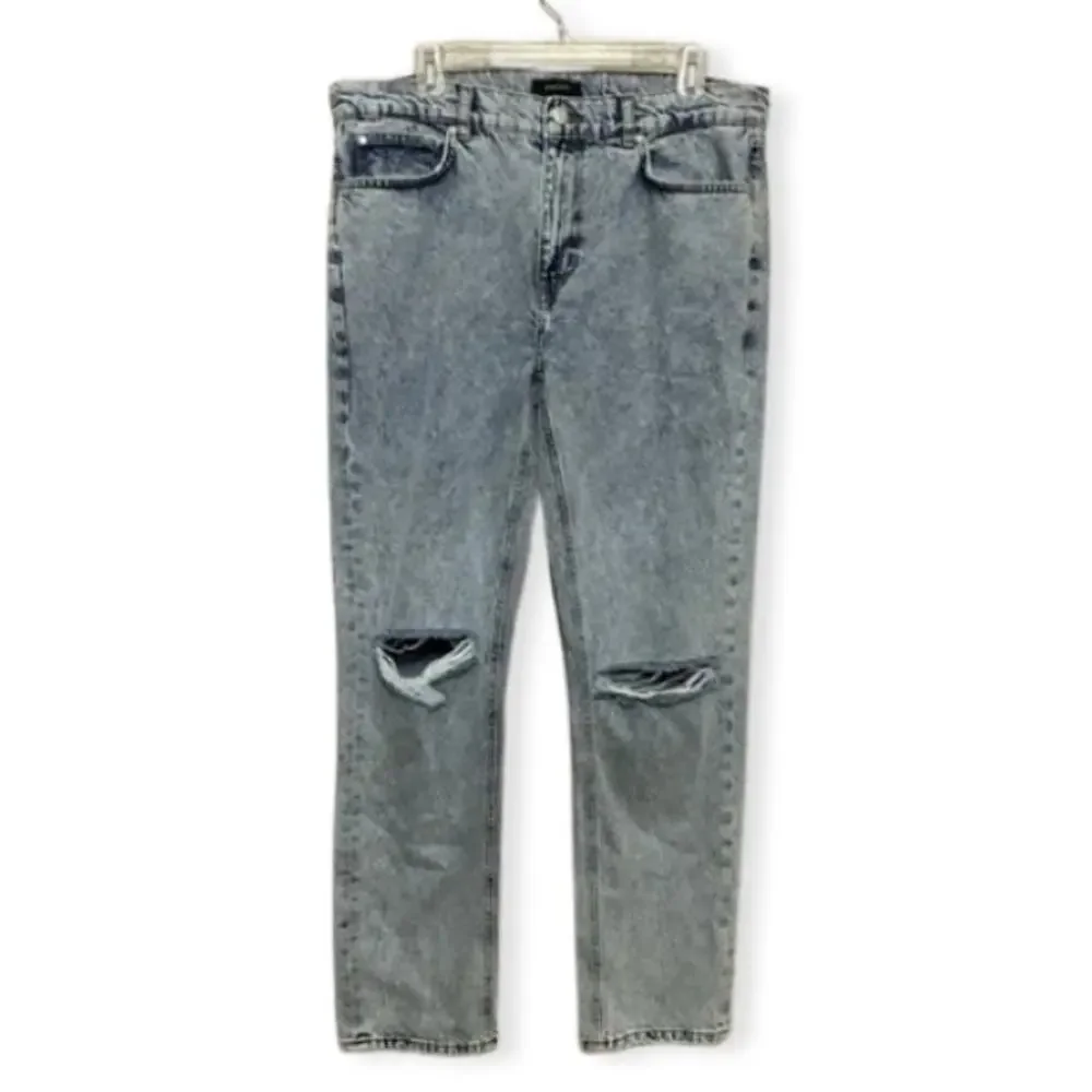 Amendi Straight Jeans Denim Distressed Button Zip Fly Blue Acid Wash M 36W NWT